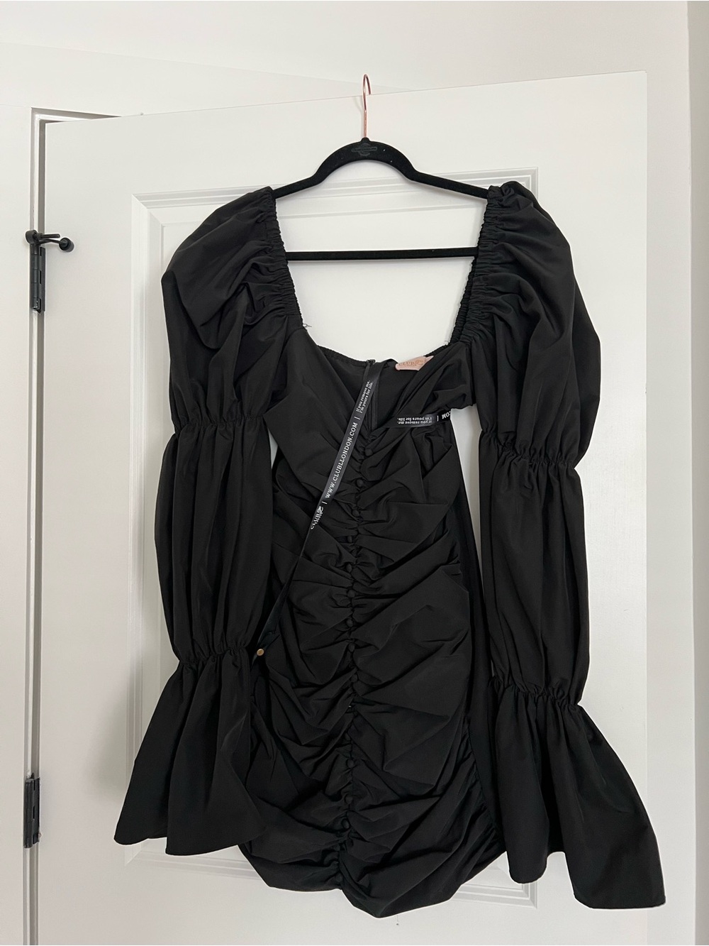 Club L London Black Ruched Puff-Sleeve Mini Dress